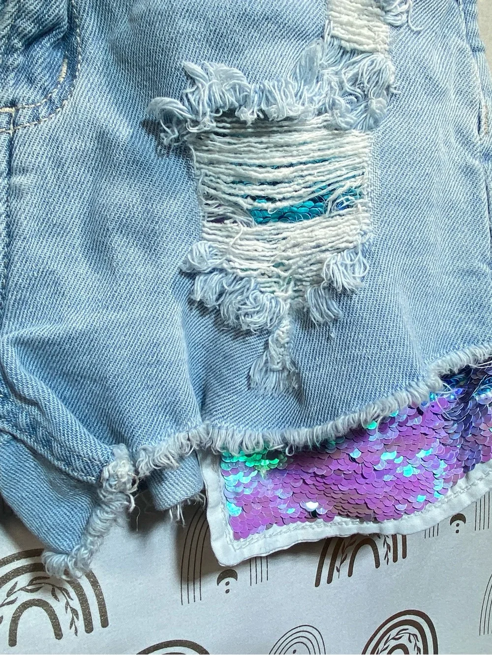 Justice Light Wash Denim Shorts with Purple Sequin Inset